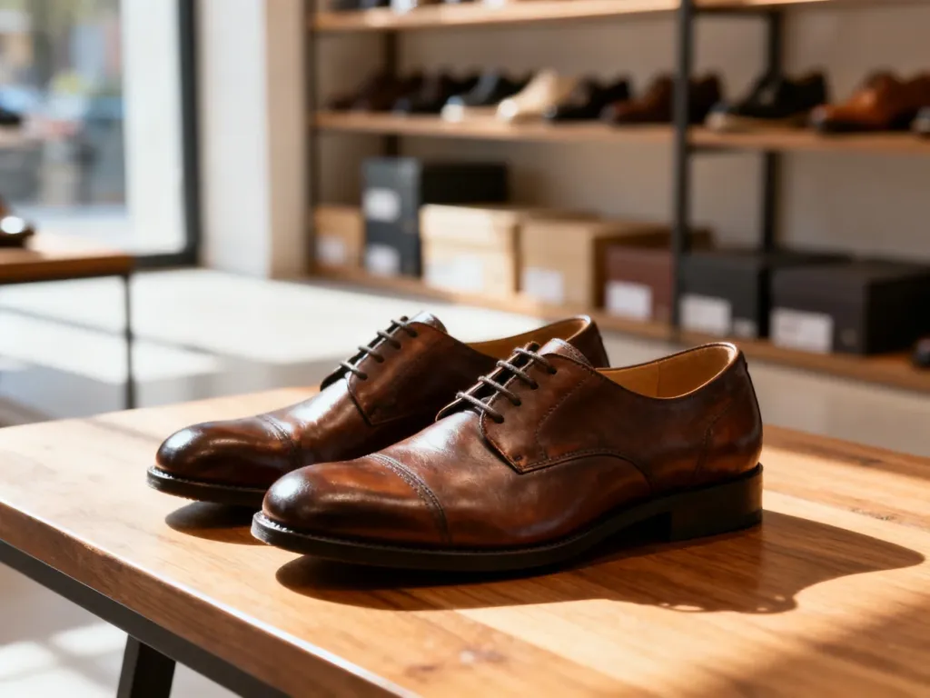 Eleganckie skórzane buty na drewnianym blacie w sklepie obuwniczym. Ilustracja do artykułu o zasadach reklamacji obuwia.