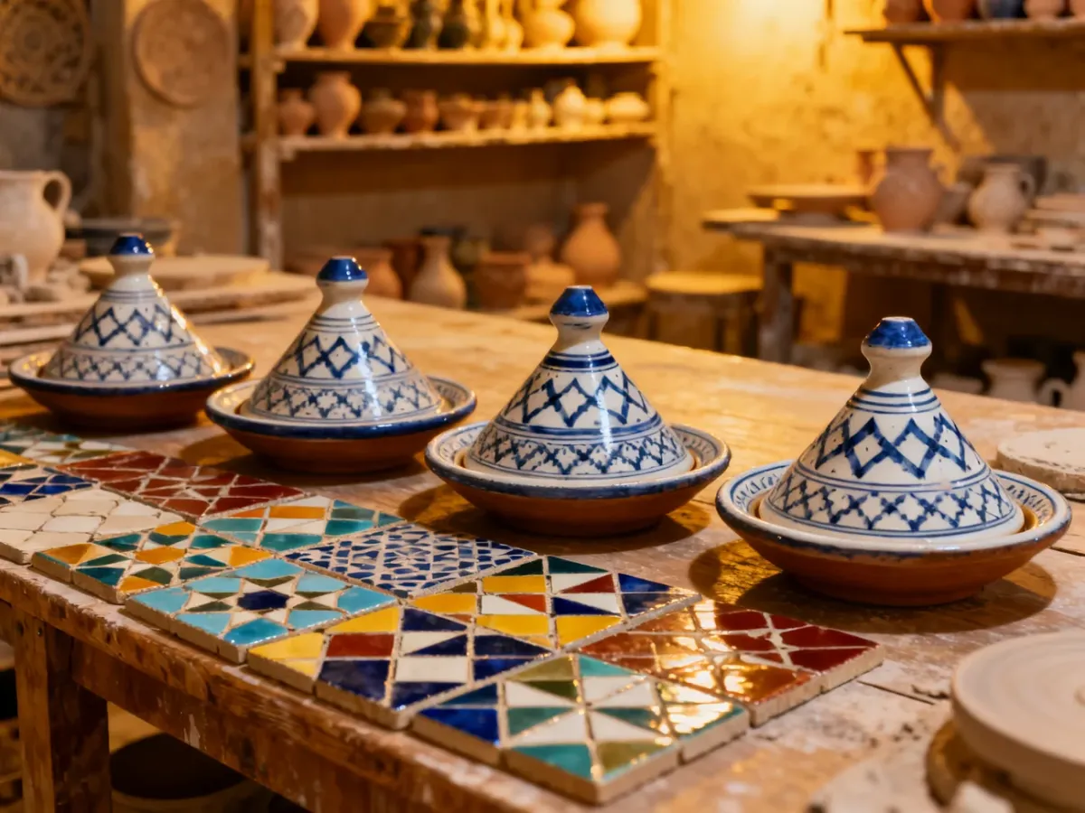 Ręcznie zdobione naczynia tajine i płytki zellige w pracowni ceramicznej